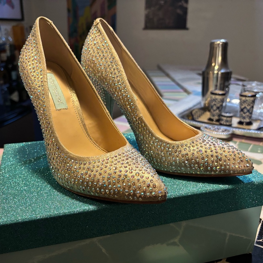 Betsy Johnson  Crystal-Embellished Gold Heels
